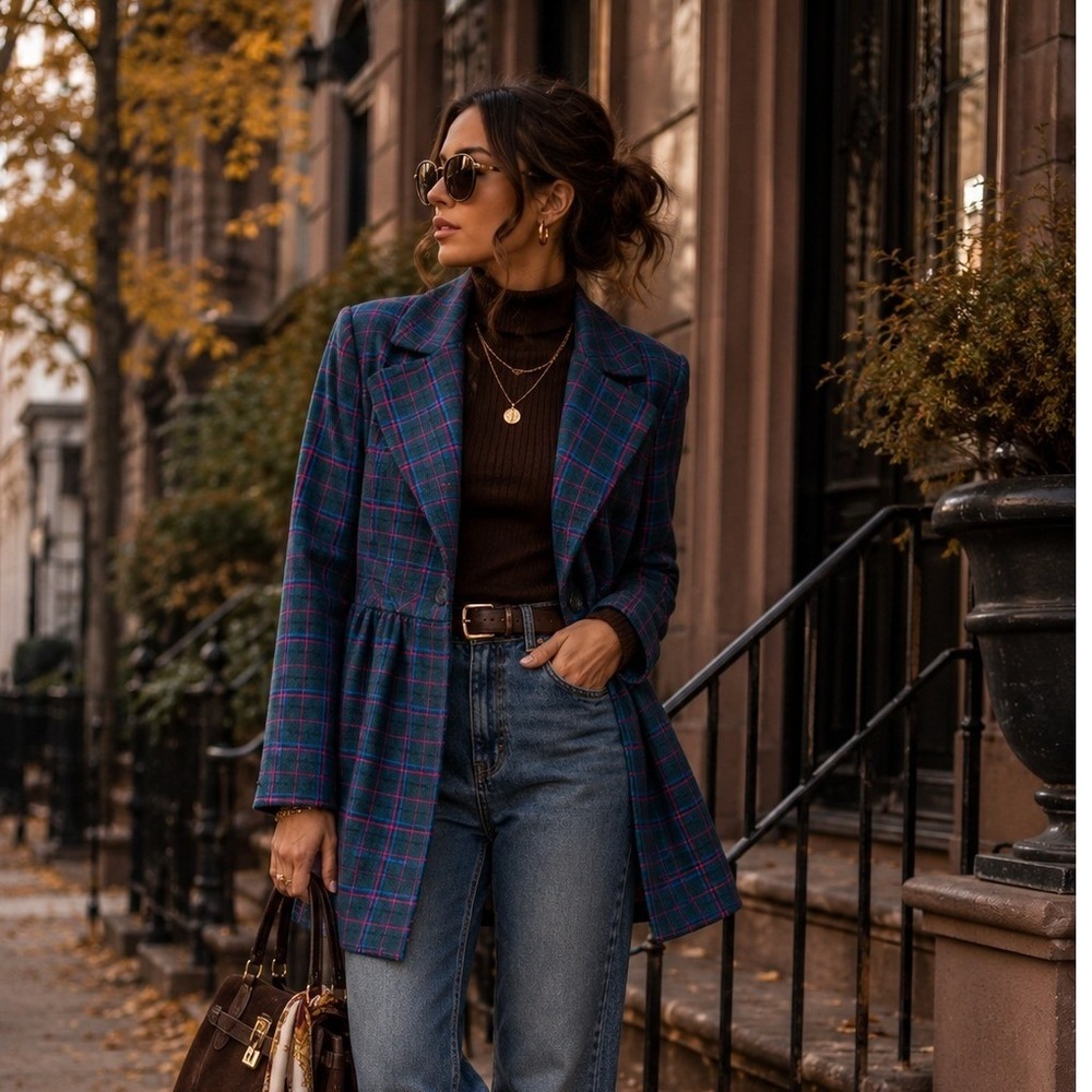 Susina Plaid Babydoll Coat Teal Pink Blue Notched Lapel Empire Waist Jacket M